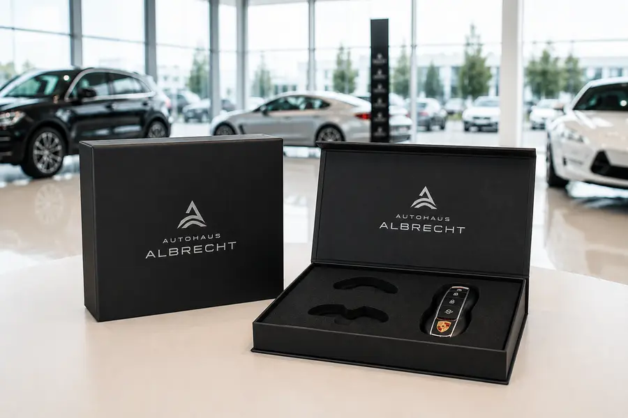Zwei schwarze Geschenkboxen auf einem Schreibtisch in einem Autohaus