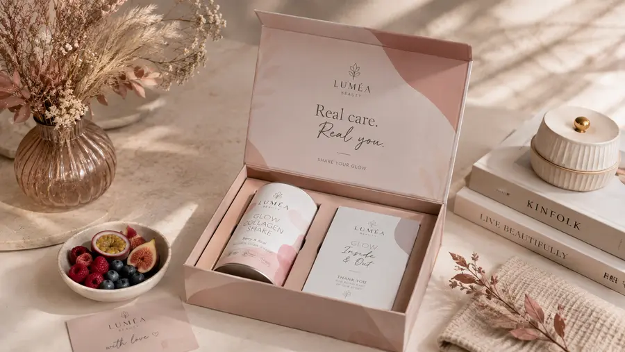 Offene Box mit Beauty Produkt und Karte