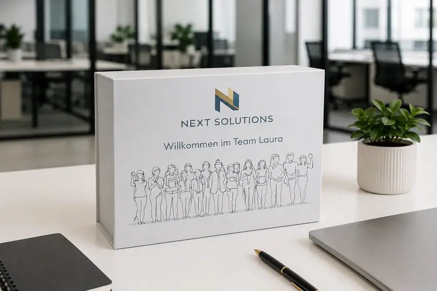Personalisierte Welcome Box auf einem Bürotisch