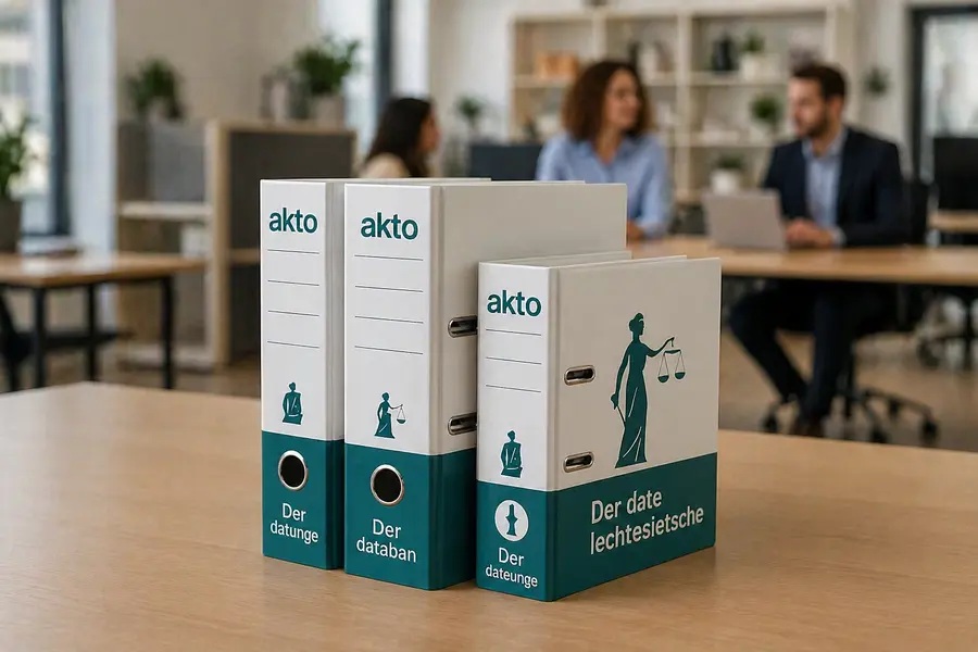 Ordner in Din A 4 und Din a 5 mit individuellem Firmenlogo auf einem Schreibtisch im Hintergrund 2 Kollegen