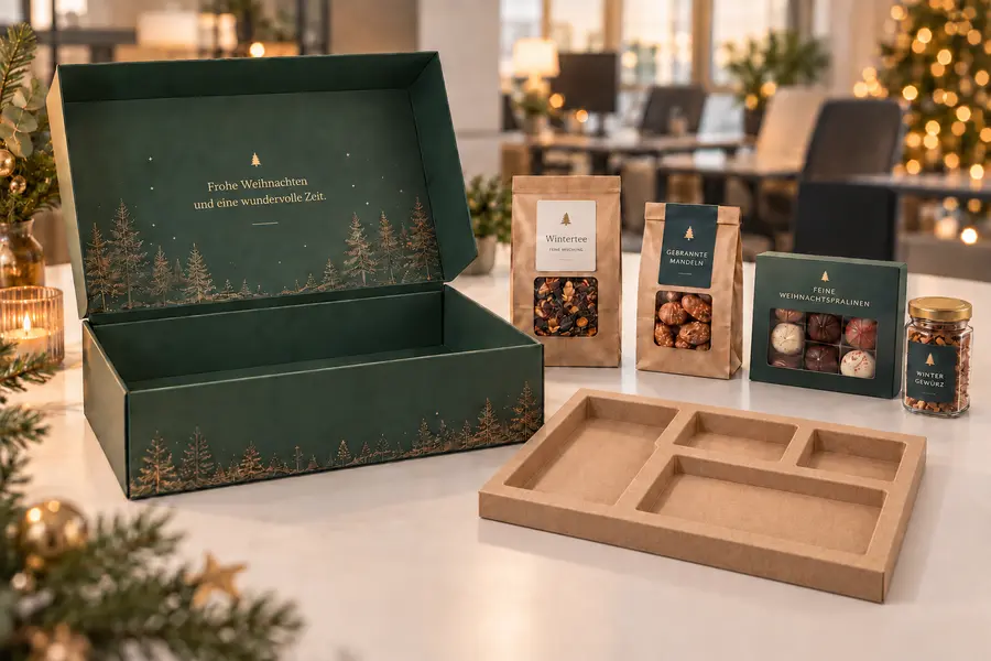 Eine offene Geschenkbox im Weihnachtsdesign daneben ein Karton inlay auf einem Tisch, weitere Produkte zum Befüllen