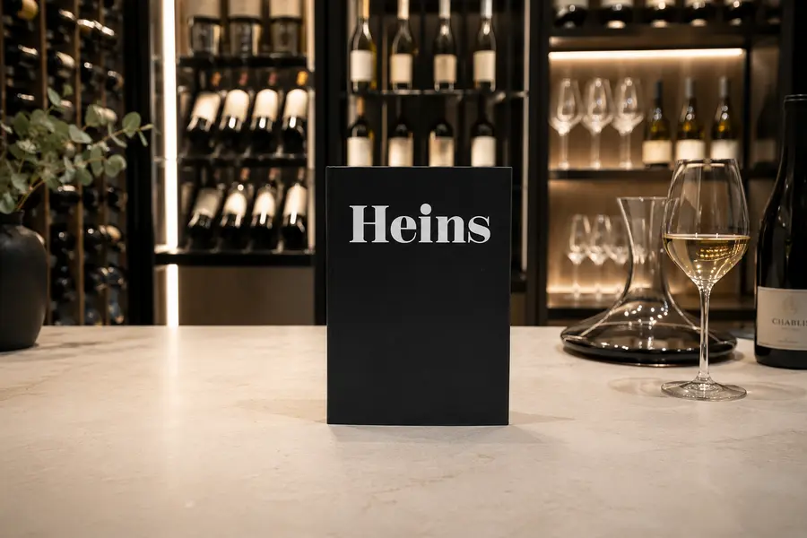 Schwarze Speisekarte Mit Heins Aufschrift im Hintergrund Wein Kühlregale
