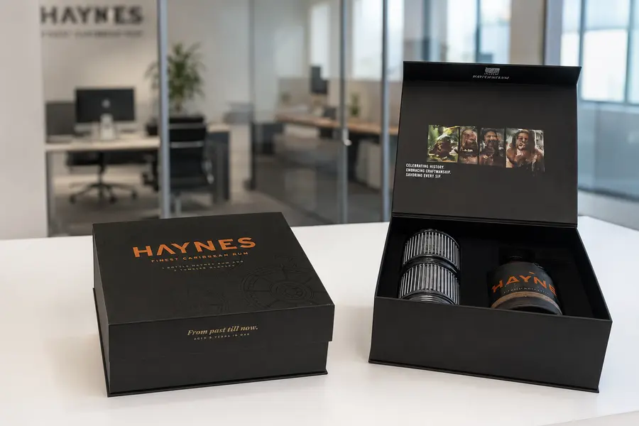 Eine geschlossene Produktbox daneben eine offene mit Haynes Rum auf einem Bürotisch