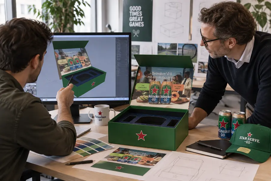 Büro mit zwei Mitarbeitern die auf dem Bildschirm eine Präsentationsbox konzipieren auf dem Tisch eine offene leere Heinekenbox