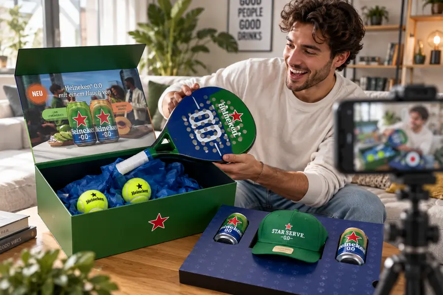 Ein junger Mann der einen Padel Schläger aus einer Präsentationsbox von Heineken nimmt und dabei freudig lacht