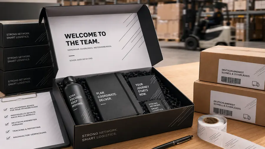 Eine schwarze offene Influencer Box mit Produkten im Hintergrund Versandstation