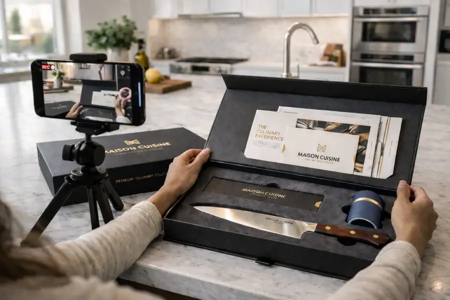 Eine Influencer Box beim Unboxing filmen, im Inlay Küchenprodukte