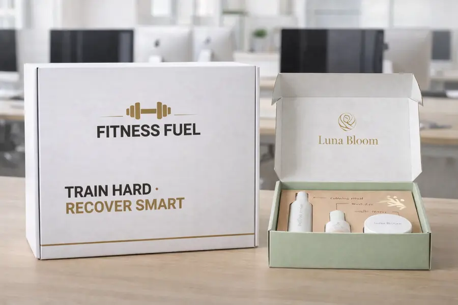 Eine weiße größere geschlossene Fitness Box daneben eine offene mint grüne Influencer Box mit Beauty Produkten