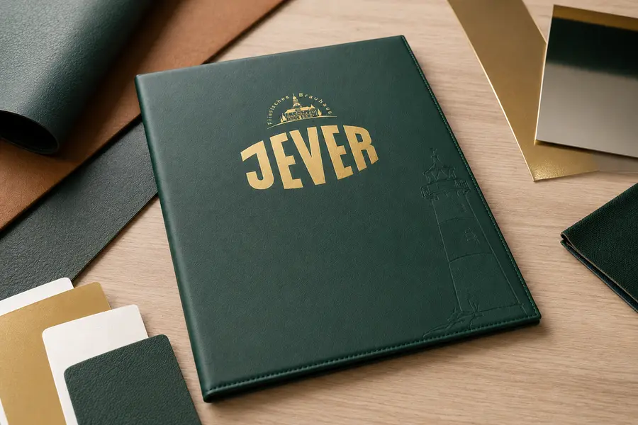 Speisekartenmappe aus Kunstleder von Jever mit Logo auf einem Tisch daneben Materialien