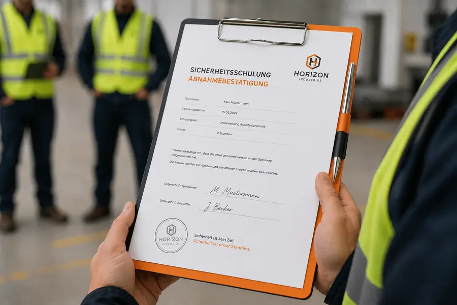 Klemmbrett mit Dokument zur Sicherheitsabnahme, im Hintergrund Menschen mit Sicherheitswesten