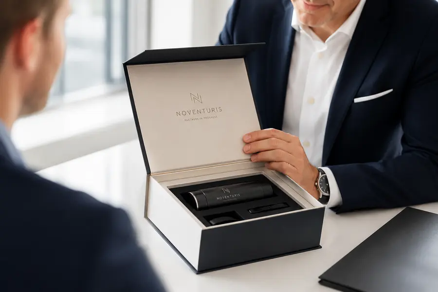 Edle offene Geschenkbox mit Produkten im Inlay wird von einem Mann im Anzug übergeben