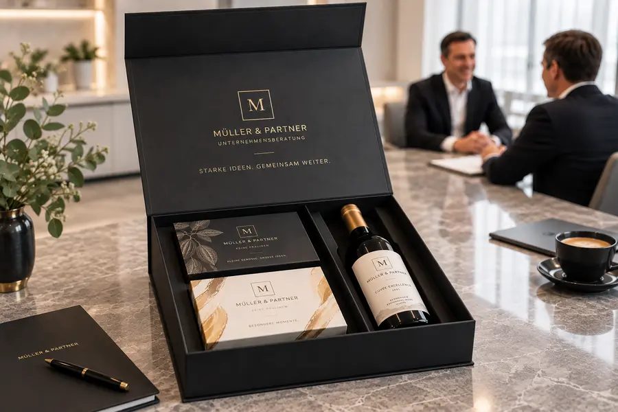 Eine offene schwarze Geschenkbox mit Wein und Pralinen im Inlay im Hintergrund 2 Geschäftsmänner