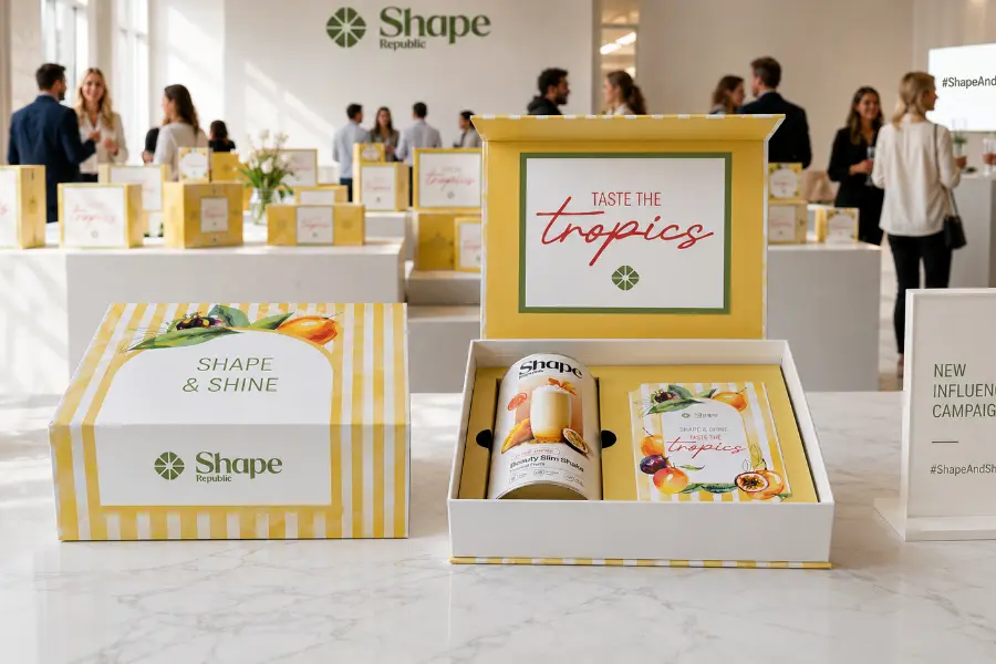 Eine geschlossene und eine offene Produktbox mit Shake und Karte im Hintergrund ein Event