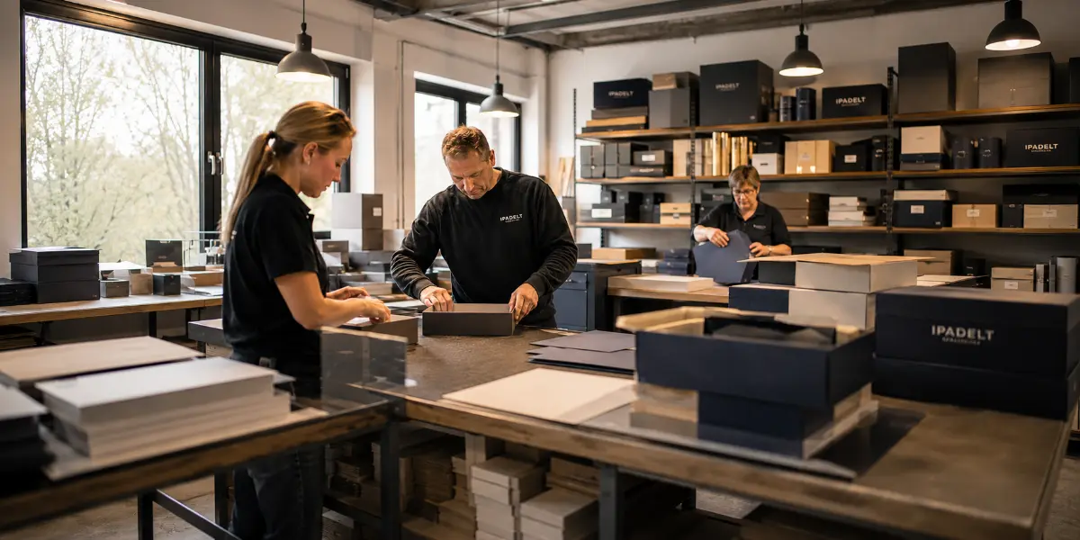 Eine Produktionsstätte mit Mitarbeitern die Boxen fertigen