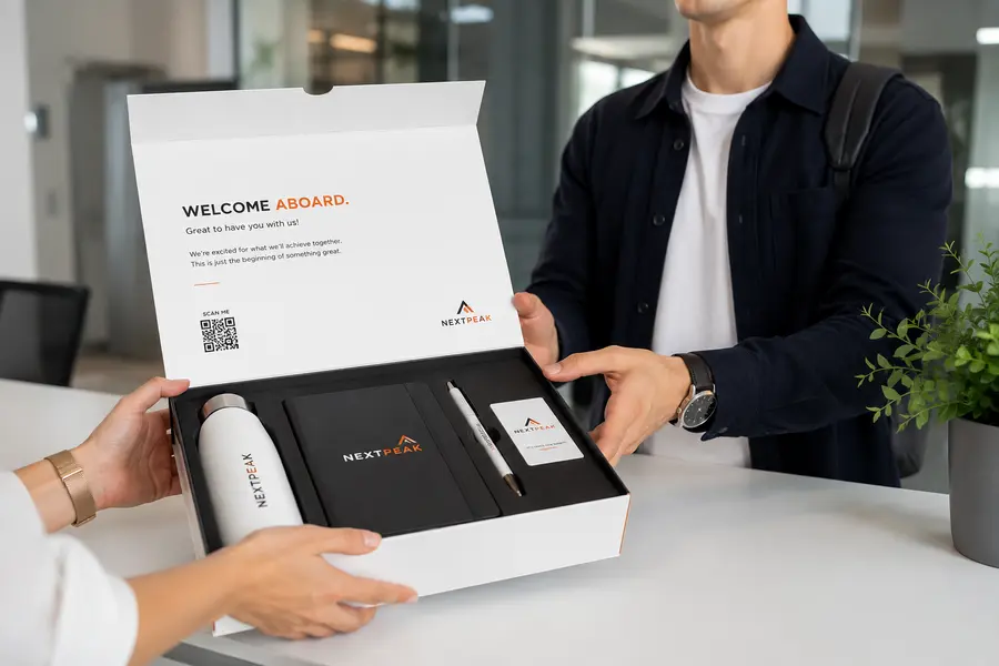 Eine Weiß Schwarze offene Welcome Box wird überreicht, im Inlay eine Trinkflasche, Notizbuch, Stift, Visitenkarte