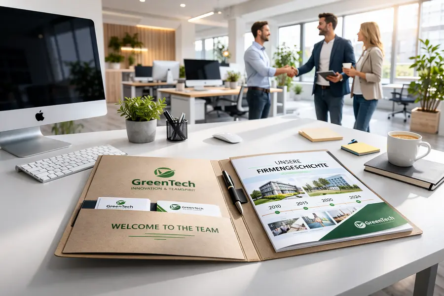 Eine Onboarding Mappe auf einem Schreibtisch im Hintergrund wird der neue Kollege per Handschlag begrüßt