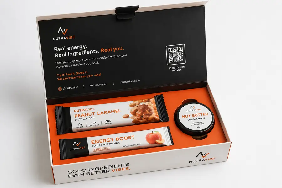 Eine Schwarz Orangene PR Box bzw. Influencer Fitness Box offen mit Riegel im Inlay
