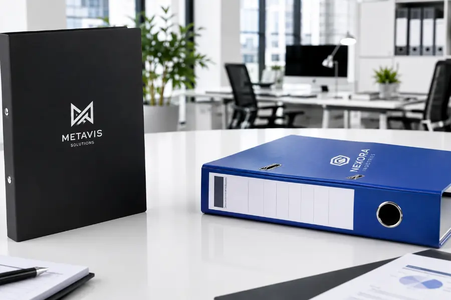 Schwarzer Ringhefter und blauer Ordner auf einem Schreibtisch