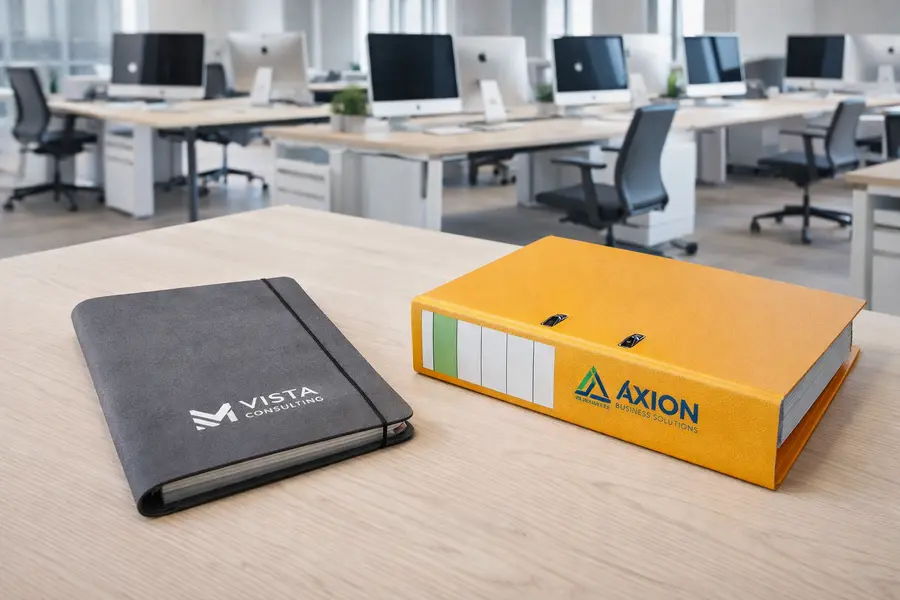 Eine dunkle Schreibmappe daneben ein oranger Aktenordner