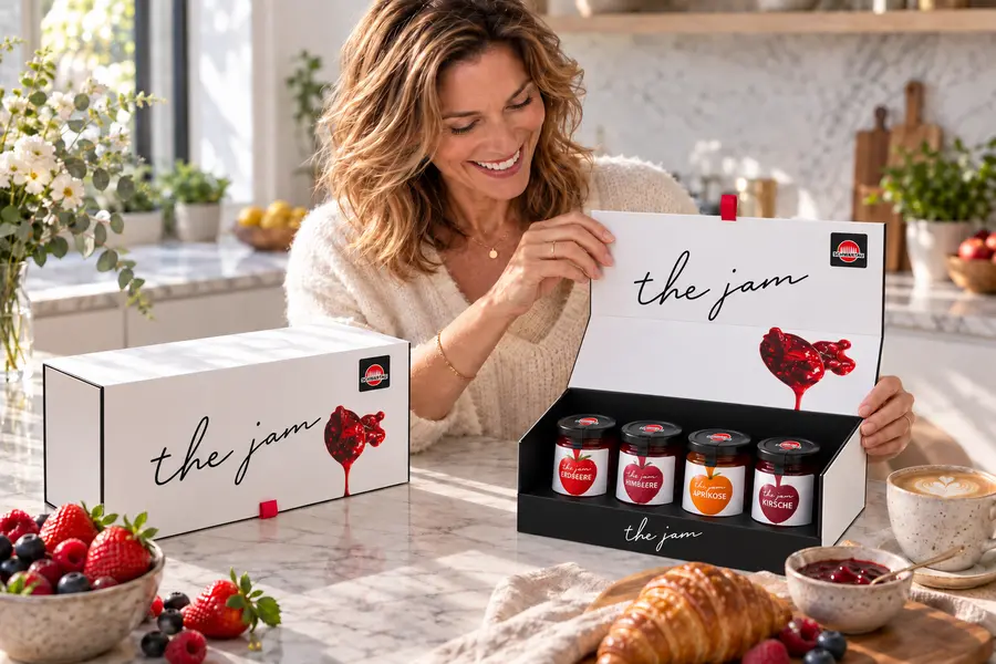 Eine Frau in ihrer Küche präsentiert die offene Schwartau Produktbox, darin vier Marmeladengläser eingefasst