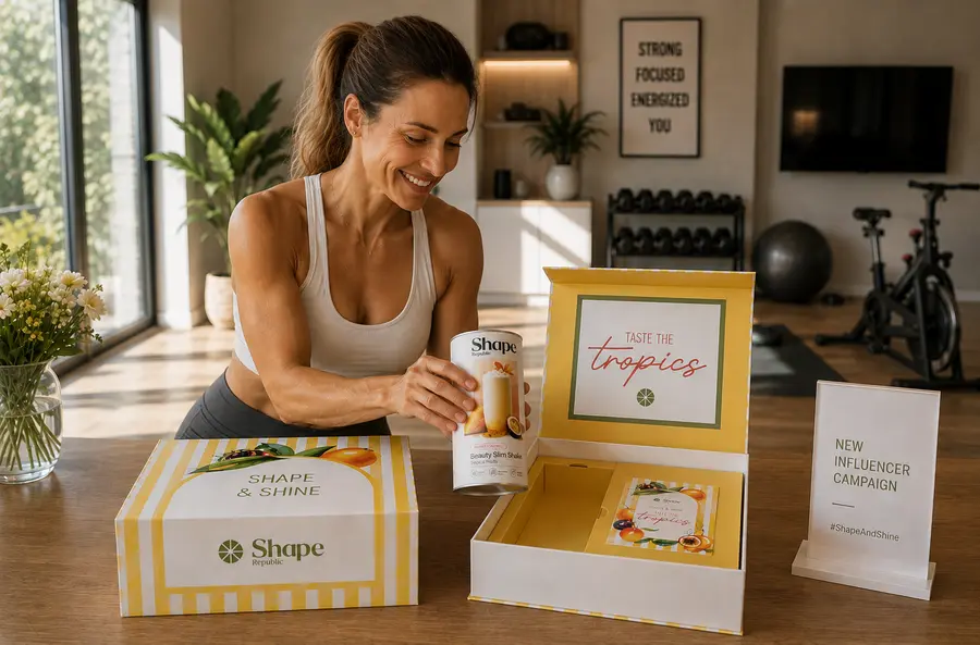 Eine sportliche Frau nimmt einen shake aus einer Produktbox im Hintergrund Heimstudio
