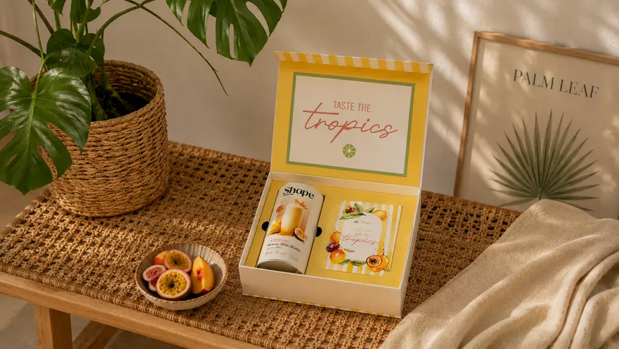 Gelbe Influencer Box offen mit Dose und Karte im Inlay