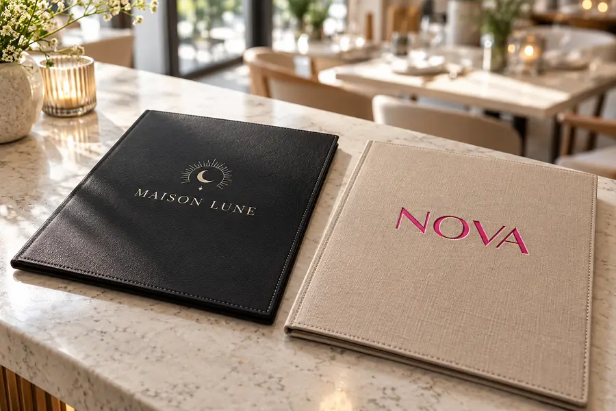 zwei flach liegende Speisekartenmappen auf einem hellen Restauranttresen, mit klassisch bedrucktem Logo auf Schwarz und neonpink geprägtem Logo auf Beige