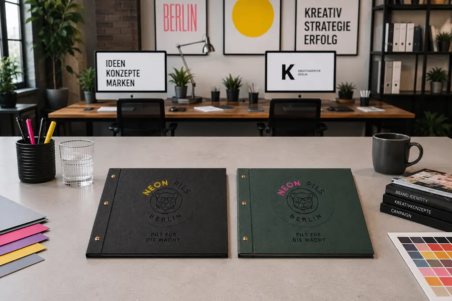 Zwei Speisekartenmappen nebeneinander auf einem Tisch in einer Marketing Agentur