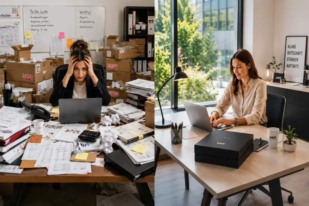 Ein Splitscreen Foto links Chaotisches Büro mit verweifelter Marketingmitarbeiterin, rechts organisiertes Büro, entspannte Frau am Laptop