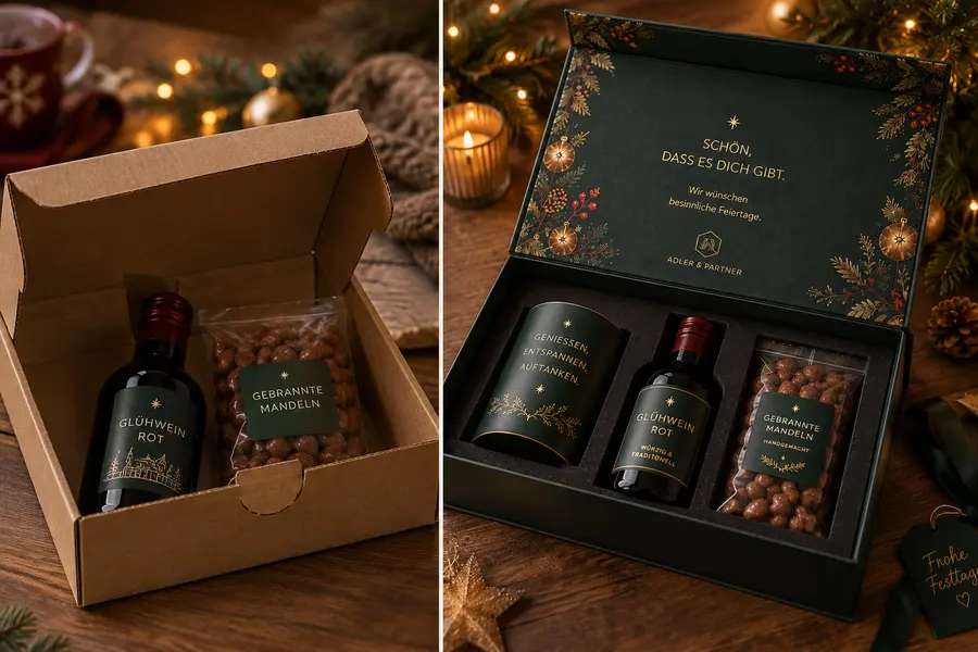 Splitscreen links: Karton offen mit Glühwein und gebrannten Mandeln rechts: edle Geschenkbox mit Teedose, Glühwein und gebrannten Mandeln im Inlay eingefasst