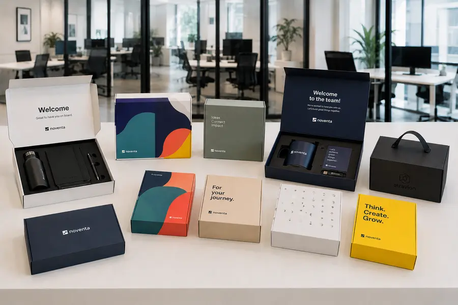 Verschiedene Onboarding Boxen auf einem Tisch in einem Büro