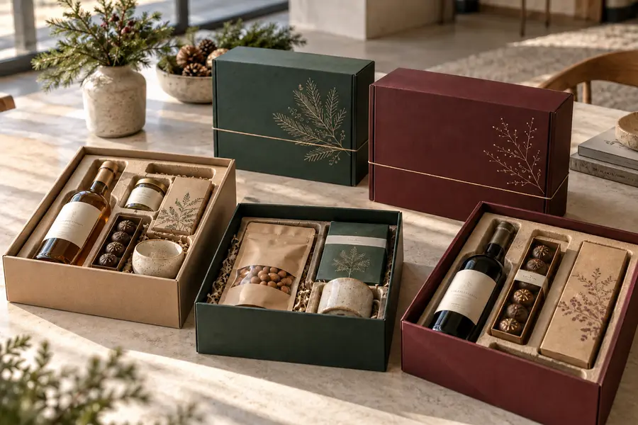 offene Geschenkboxen mit weihnachtlichen Produkten im inlay