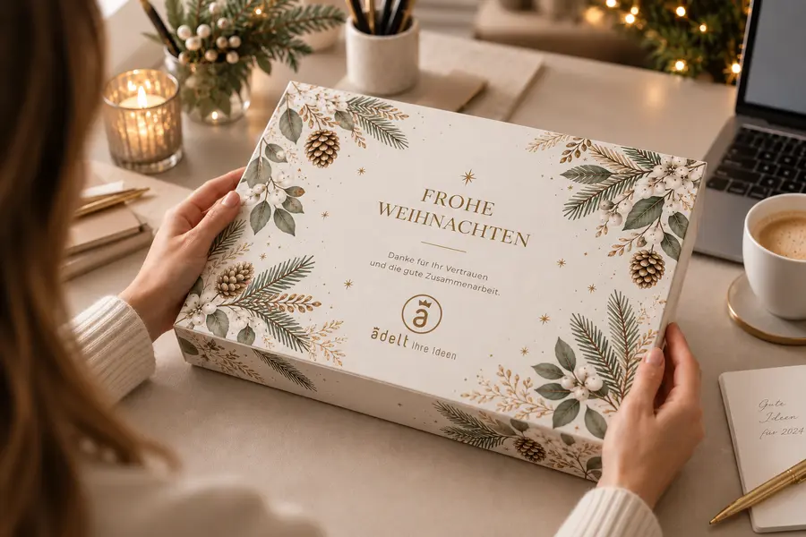 Hände halten eine edle helle Geschenkbox mit Weihnachtsdesign