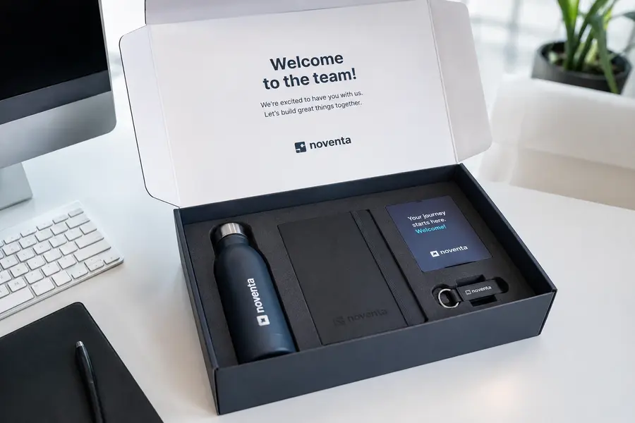 Offene Welcome Box mit Produkten im Inlay