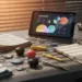 Verstaubte Autohändler-Werbeartikel auf Schreibtisch mit modernem Tablet im Hintergrund, warmes Nachmittagslicht durch Jalousien