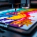 Zwischenablage wird mit Tinte bedruckt, Druckausrüstung im Hintergrund, dramatische Studiobeleuchtung zeigt Details