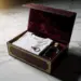 Luxuriöse burgunderfarbene Geschenkbox mit goldenen Details auf Marmorfläche, geöffnet mit alltäglichen Gegenständen