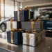 Elegante Geschenkboxen in Navy und Silber gestapelt auf poliertem Autohaus-Tresen mit luxuriösen Bändern und natürlichem Licht