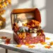 Luxuriöse Herbst-PR-Box mit burgunderfarbener Verpackung, Kerzen, Kürbisgewürz-Produkten und Strickaccessoires