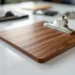 Premium Holz-Klemmbrett mit Walnuss-Maserung und Chrom-Clips auf weißer Oberfläche, weitere Klemmbretter im Hintergrund