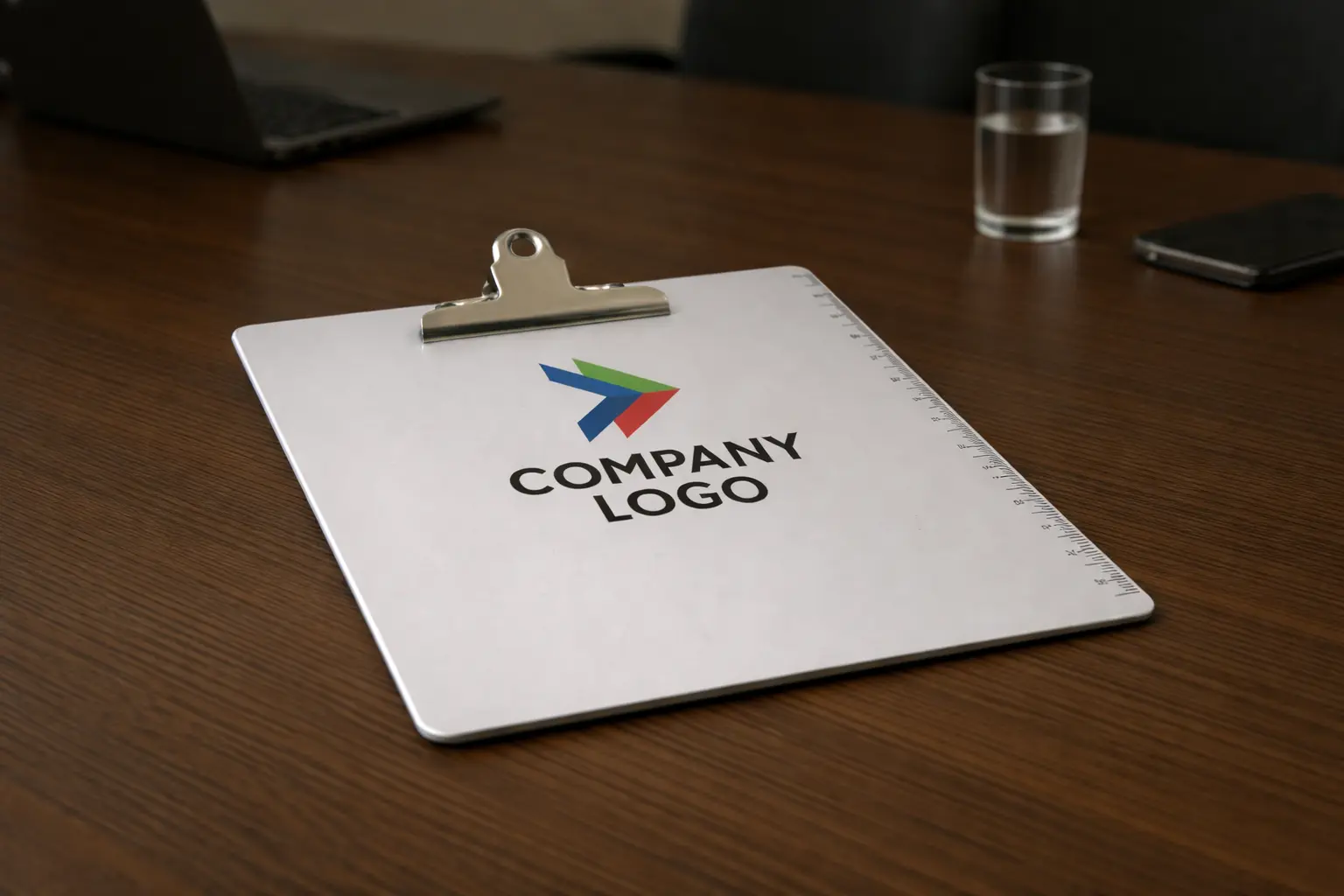 weißes Klemmbrett mit Logo und Lineal