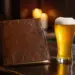 Ledergebundene Speisekarte mit Hopfen-Prägung auf dunkler Eichenholzbar einer Brauerei, daneben ein goldenes Craft Beer im Gegenlicht.