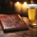Ledergebundene Speisekarte mit Hopfen- und Gerstenprägung auf rustikaler Eichentheke neben beschlagenem Bierglas im Kerzenschein.