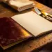 Aufgeschlagene Ledermenükarte auf rustikalem Restauranttisch, beleuchtet von warmem Kerzenschein, mit Leinenserviette und elegantem Besteck.