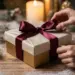 Luxuriöse Geschenkbox mit Satinband wird geöffnet, umgeben von Tannenzweigen auf verschneitem Holz im warmen Kerzenlicht.