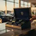 Luxuriöse Geschenkbox mit Automobillogo auf polierter Autohaus-Theke, gefüllt mit Premium-Artikeln in Samtfutter