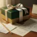 Luxuriöse Geschenkbox mit Satinband, umgeben von Planungsskizzen und Dezember-Kalender auf Eichentisch in Waldgrün und mattem Gold.
