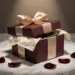Luxuriöse Geschenkbox mit Satinschleife auf Marmor, leicht geöffnet mit Seidenpapier, umgeben von Rosenblättern in Burgund und Champagnergold.
