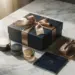 Elegante PR-Unboxing-Szene mit satingebundenem Geschenkkarton, Pressematerialien und Produktproben auf Marmoroberfläche in Navy und Champagnergold.