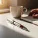 Eleganter silberner Stift mit Gebrauchsspuren auf weißem Schreibtisch neben Kaffeetasse und Notizbuch im warmen Morgenlicht